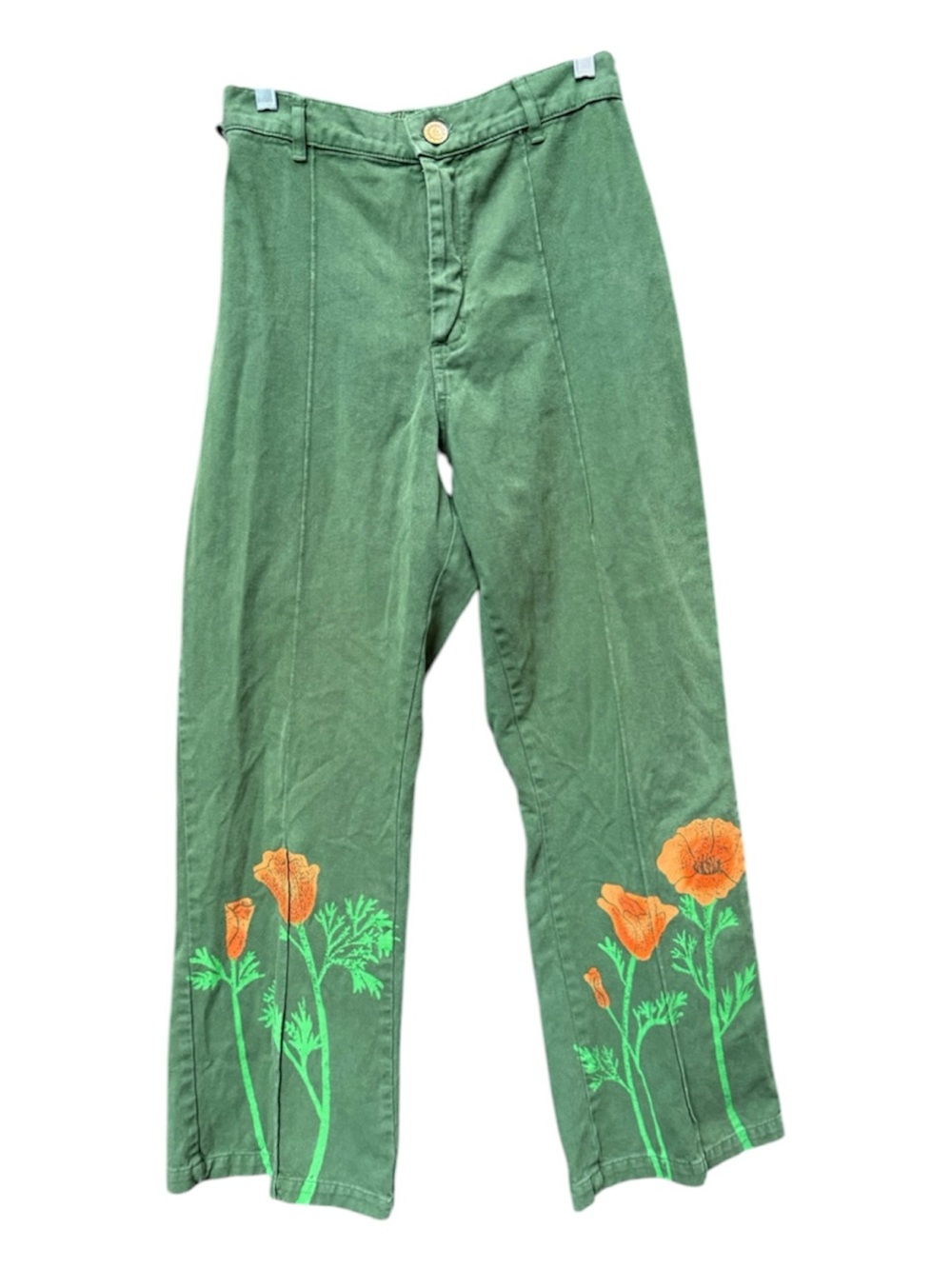 Big Bud Press Western California Poppy Green Floral Embroidered Wide-Leg Pants S - Picture 4 of 12